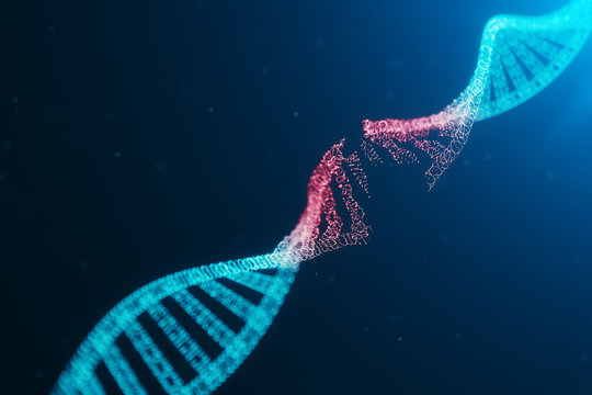 Illustrated DNA helix in blue against dark backdrop