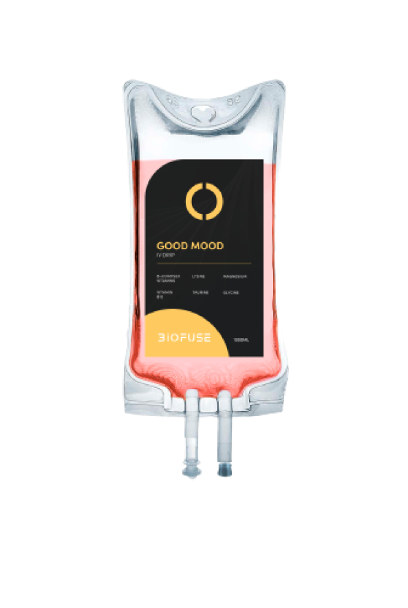 A vibrant IV bag labeled 'GOOD MOOD' from Biofuse, with a warm gradient color scheme, indicating the mood-enhancing IV therapy solutions offered.