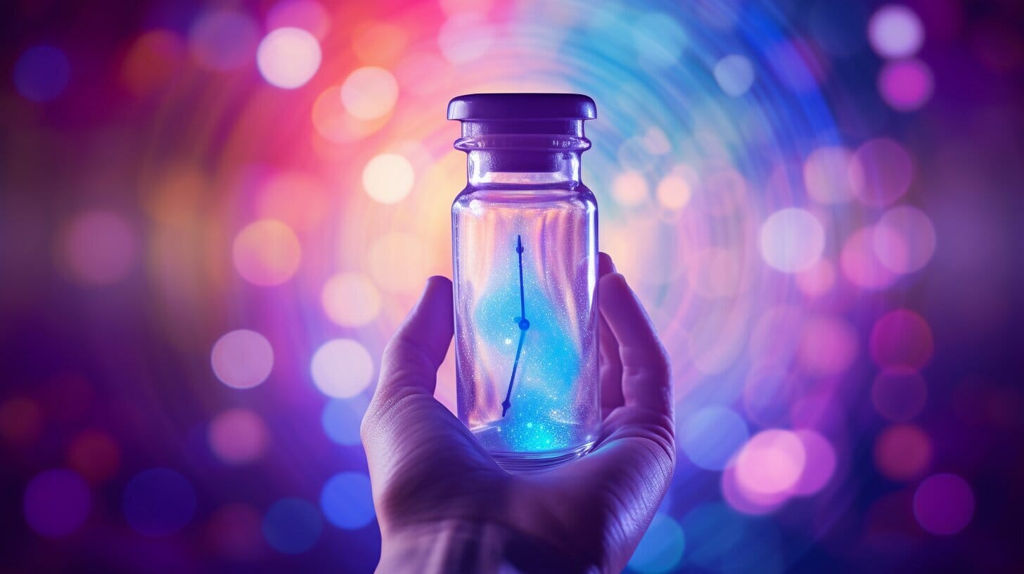 Hand holding a glowing vial with sparkling liquid against a colorful bokeh background