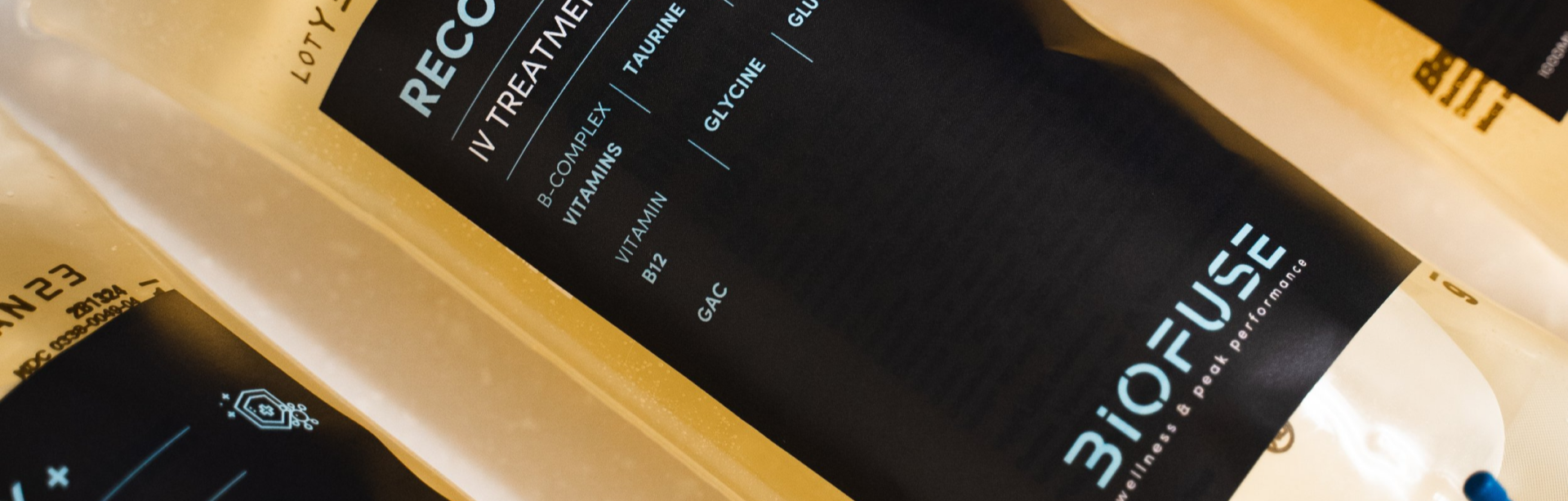 Detailed view of a Biofuse IV drip bag highlighting the active components for wellness and recovery treatments.