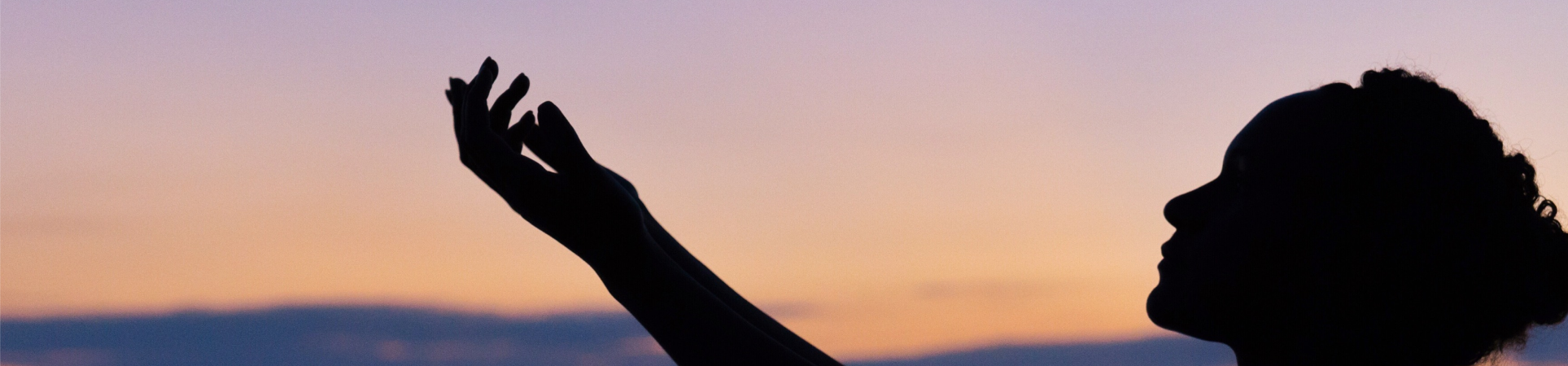 Silhouette of a person with raised hand against a sunset sky.